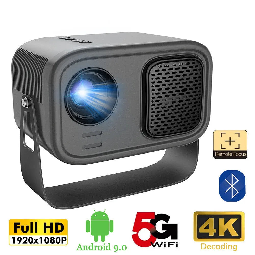 Black portable HD projector with Android system, remote control and multiple power cable adaptors