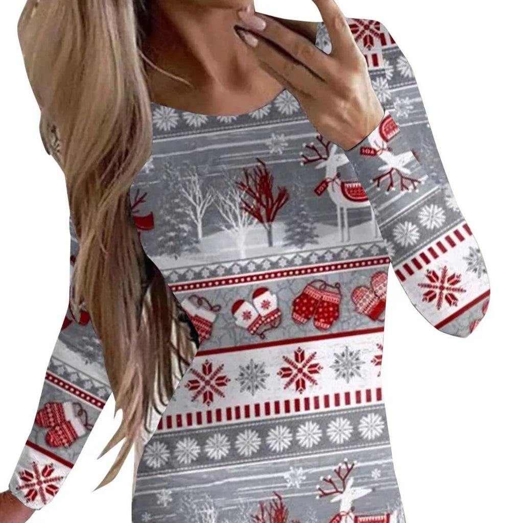 Red Christmas dress with flower print, round neck, long sleeves, and a tight-fitting short hip skirt.