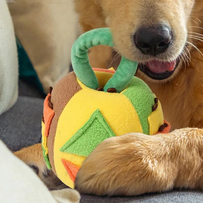 Green polyester dog plush squeaky ball toy with treat pockets, 12cm size