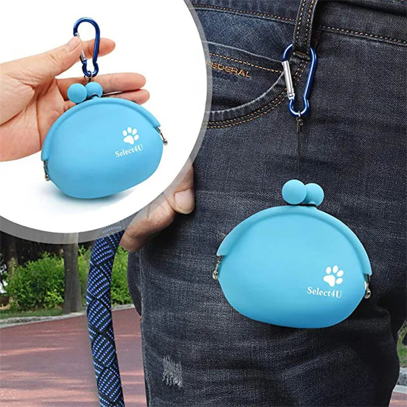 Silicone dog training treat waist bag with hook-and-loop closure in assorted colours.