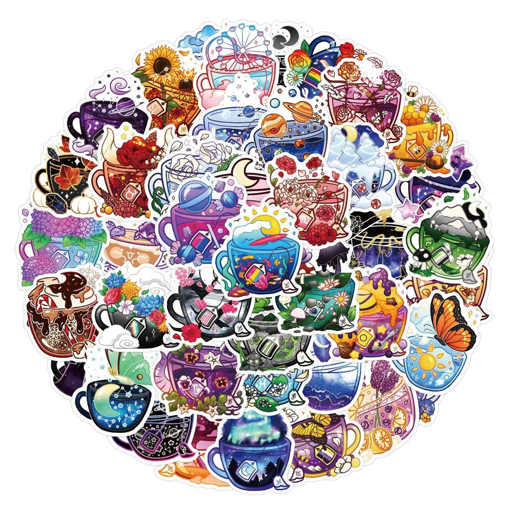 Set of 50 colourful tea cup waterproof stickers with graffiti design for scooter and luggage personalisation