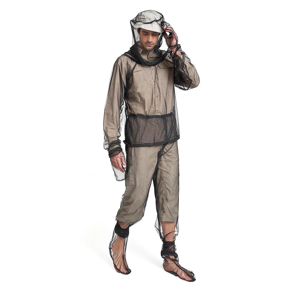 Mesh anti mosquito suit four-piece set showing hooded top, pants, and booties for outdoor activities.
