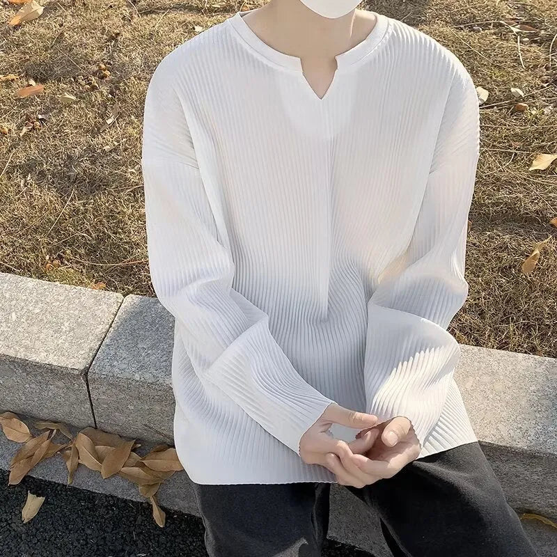 Plus size striped texture draping pullover top in gray, loose fit long sleeve blouse for women
