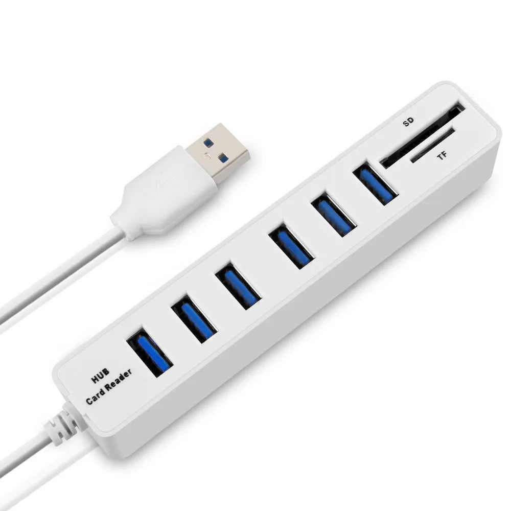 USB 2.0 hub with six ports and SD/TF card reader, black, 1cm cable length
