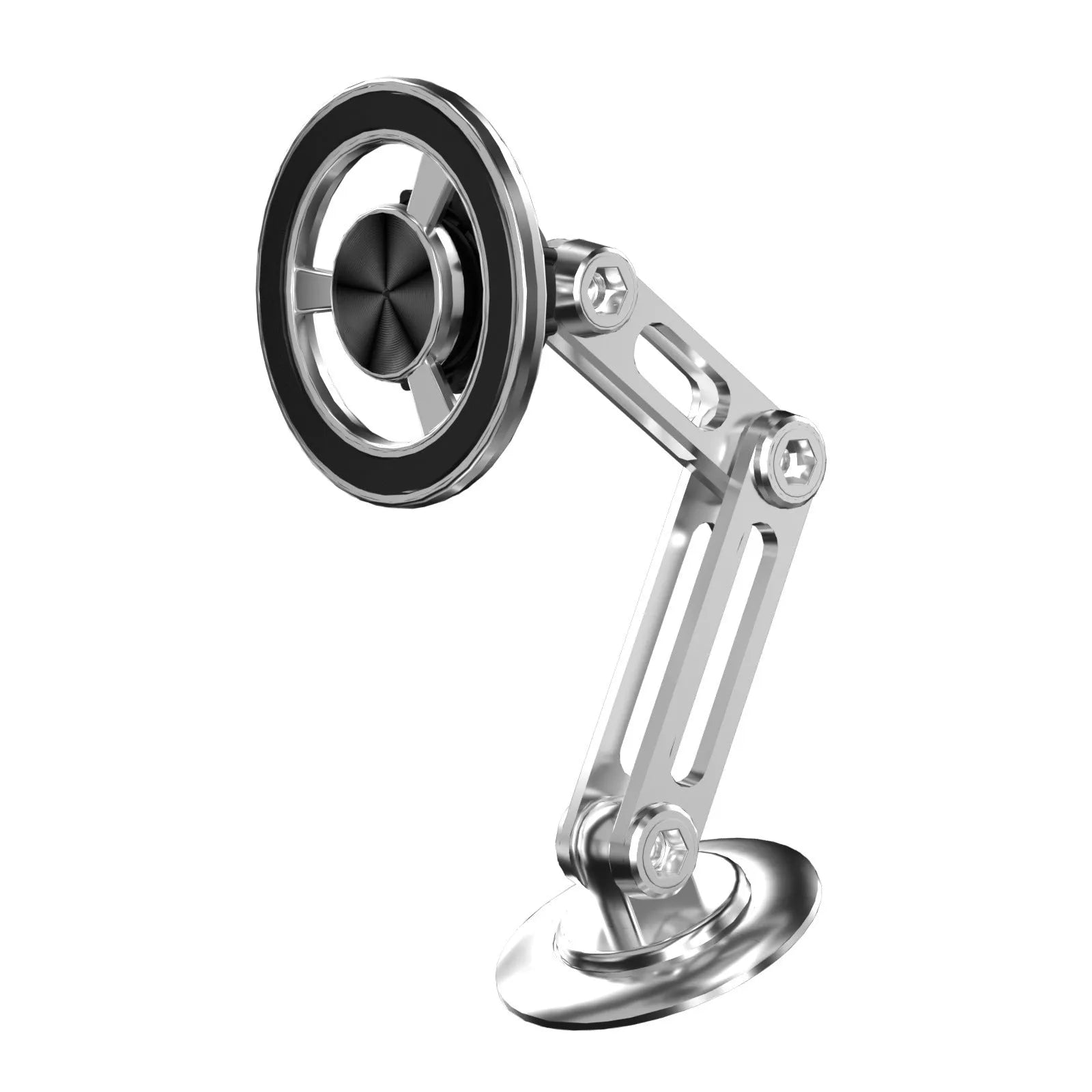 All-metal magnetic car phone holder with magnetic rings and adhesive pads in black finish.