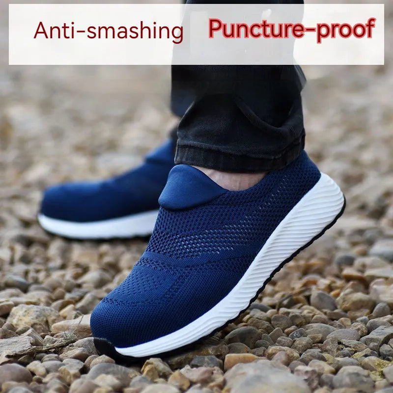 Men's lightweight anti-smash anti-puncture steel toe work shoes in black, mesh upper, low-top style