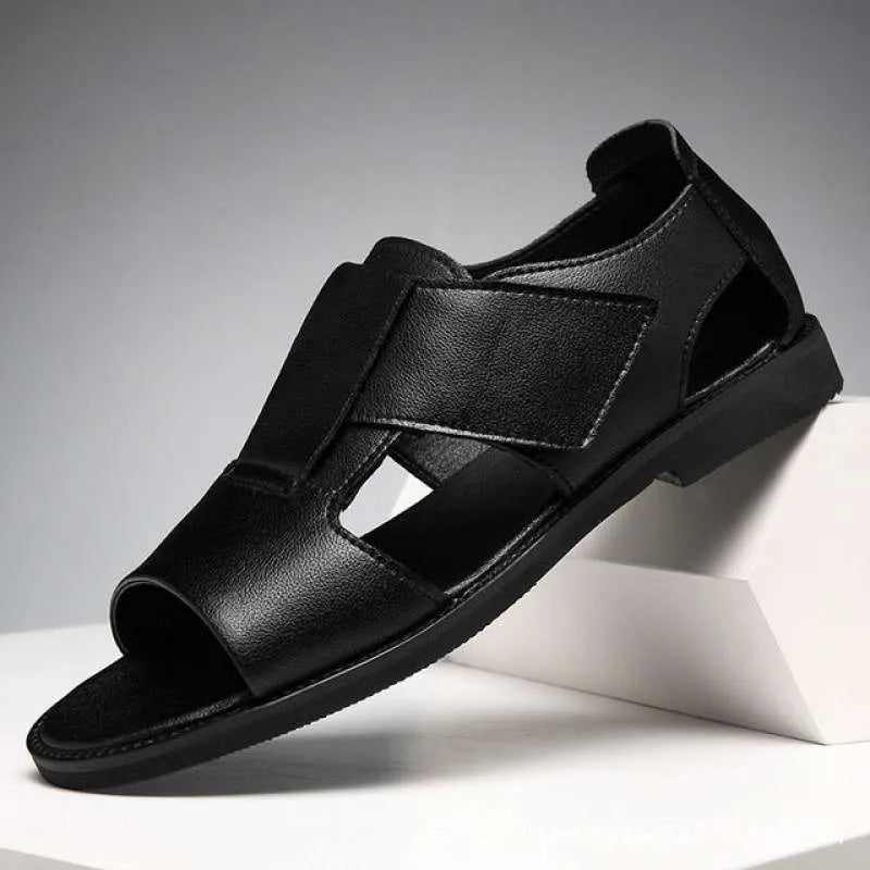 Men's black and brown Roman-style casual leather sandals with open toe and rubber sole