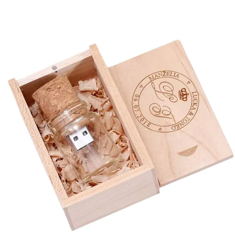 Wooden USB flash drive inside transparent bottle-shaped casing with visible wooden element