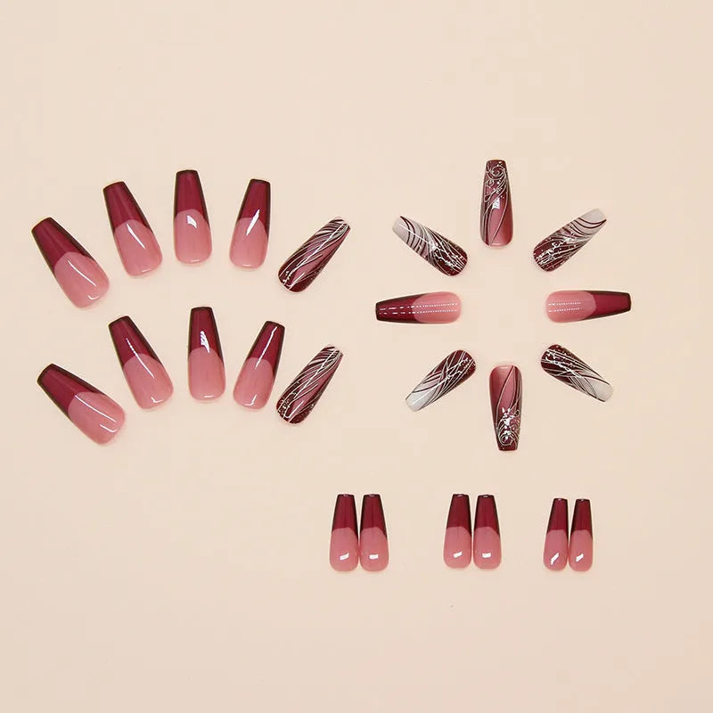 Line pattern fake nails in French line style with removable sticker patch, 24 pieces and glue included