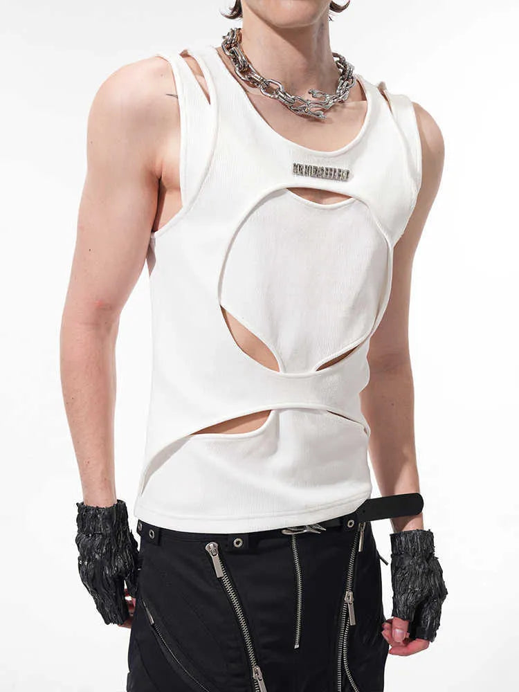 Men's loose sleeveless waistcoat in hollow white thread fabric showing round neck and pullover design