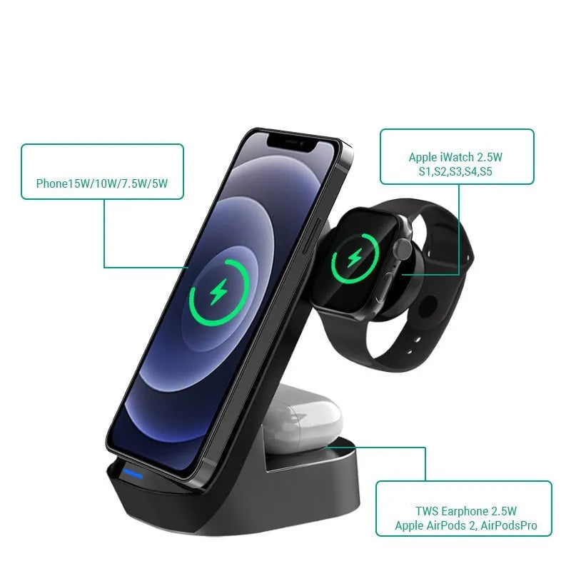 Black grey foldable 3-in-1 wireless charging vertical stand showing phone, watch and headphones charging simultaneously