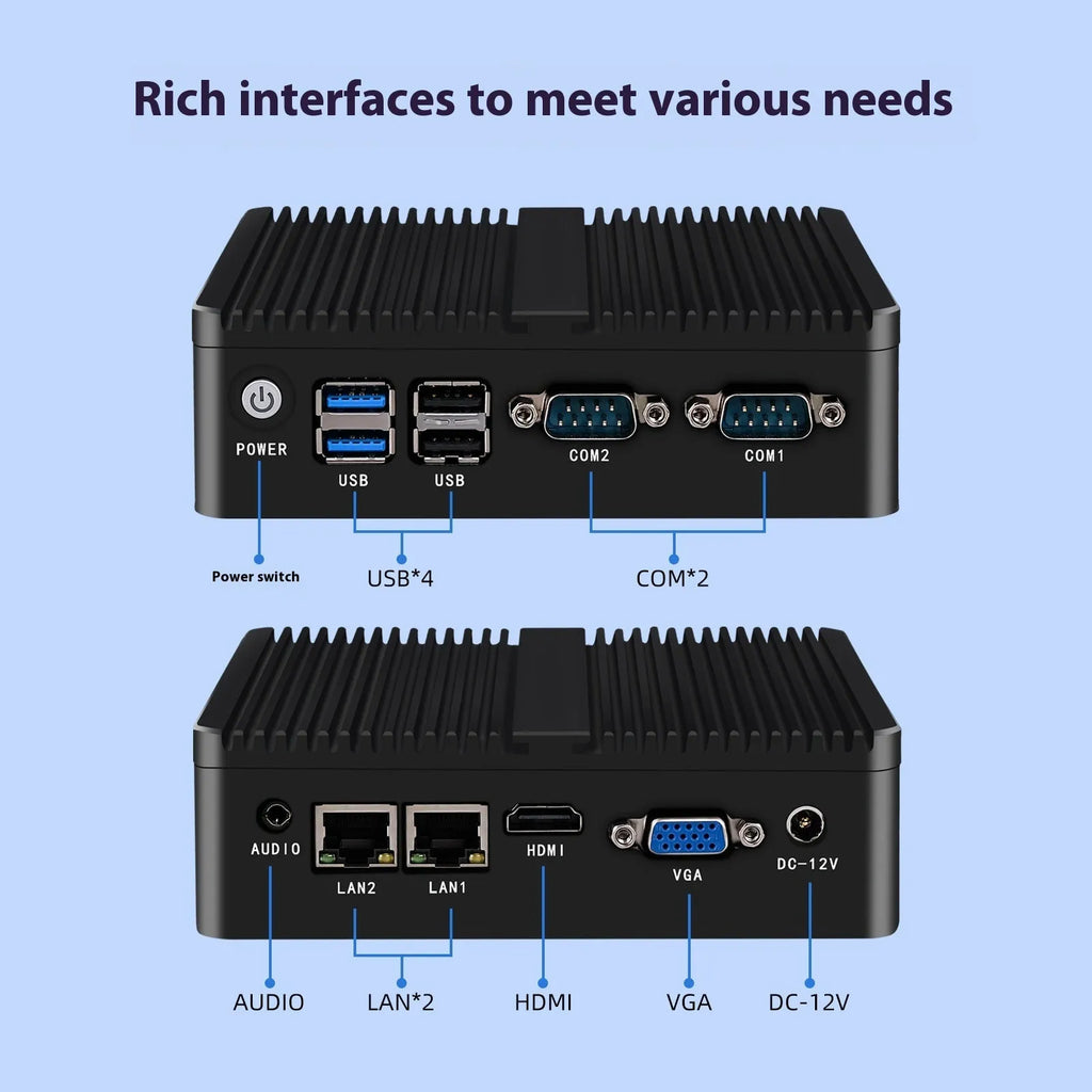 Industrial control quad-core microcomputer with compact fanless design measuring 13.6x12.7x4cm