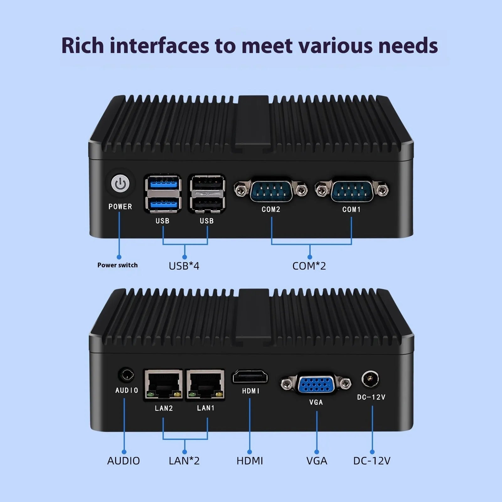Industrial control quad-core microcomputer with compact fanless design measuring 13.6x12.7x4cm