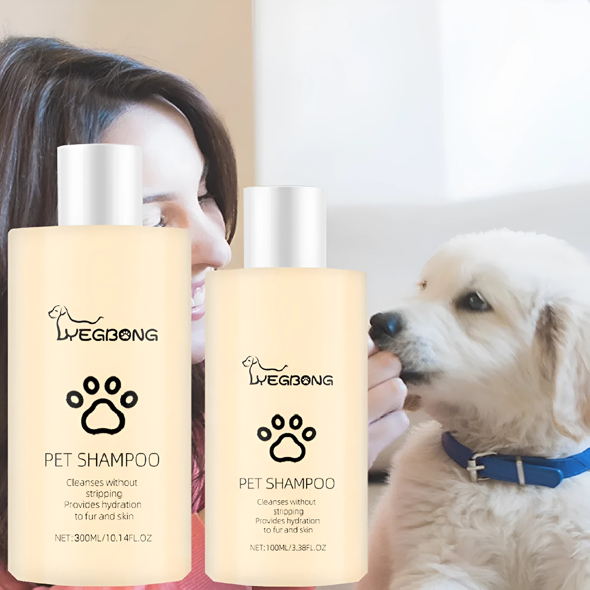 Bottle of mild dog shampoo for soft, clean hair, shown in 100ml and 300ml sizes.