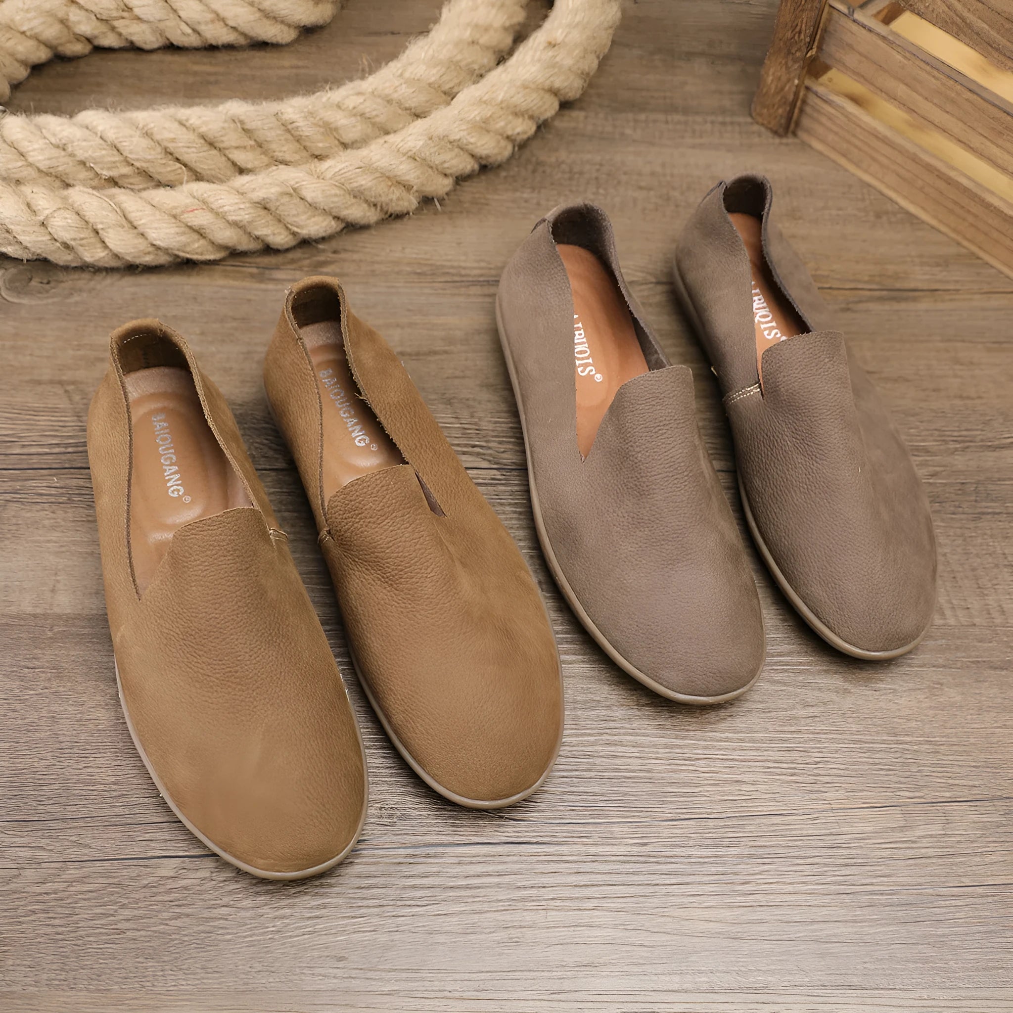 Handmade grey and khaki men's low-top casual sneakers with a cowhide upper and rubber wedge sole.