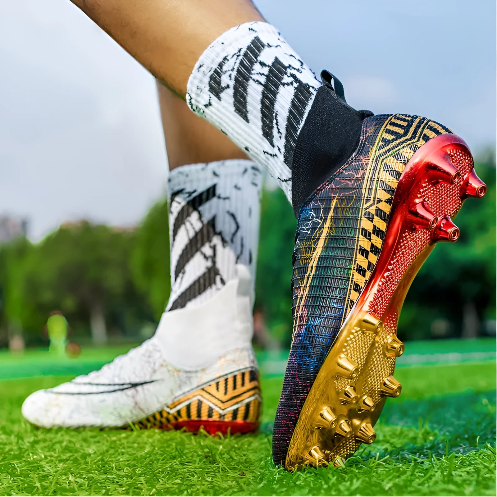 High-top soccer shoes with gold plated bottom, synthetic leather upper, in black colour, side view