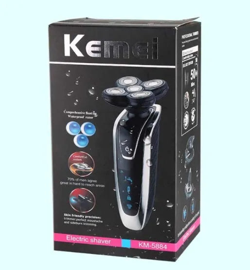 Smart rechargeable razor with ABS body, corner cutter head, nose hair trimmer, charging base, and carrying bag