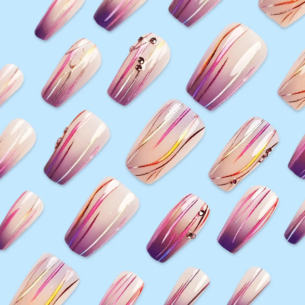 Magic purple line streamer gradient nail sticker set with starry sky pattern and jelly glue for short nails