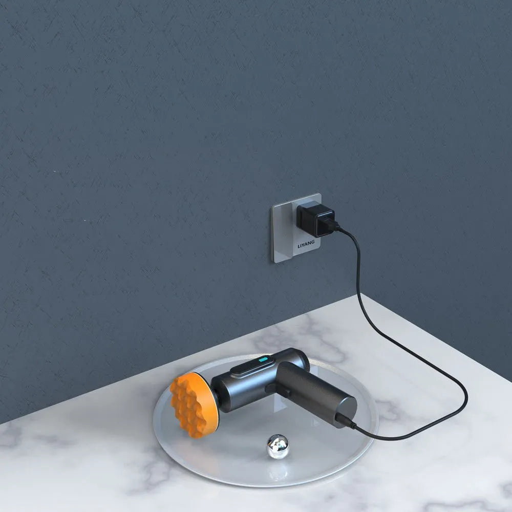 Cordless electric waxing and polishing machine with white ABS body and a grey polishing disc.
