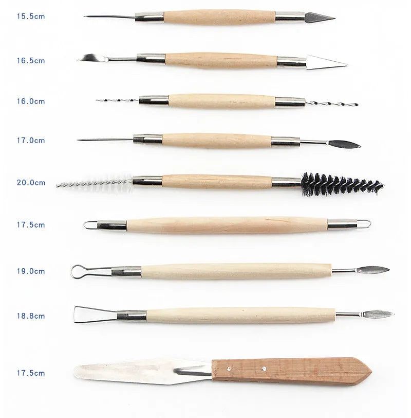 27-piece pottery clay tool set with stainless steel, wooden, and plastic tools in roll package