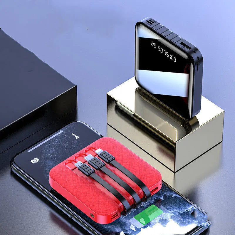 Black or red power bank with built-in charging cable, showing compact 80mm size.