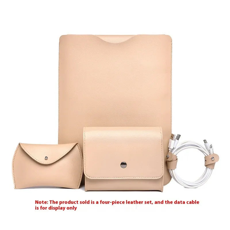 Four-piece set of brown imitation leather lock edge laptop liner bags for MacBook protection.