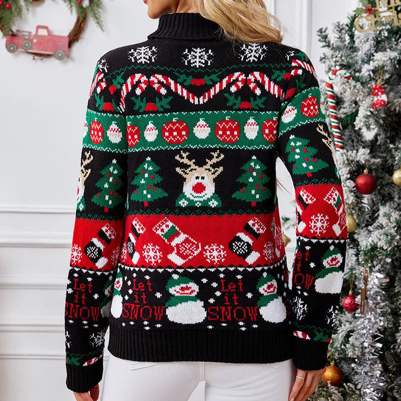Women's long-sleeved turtleneck sweater with contrast animal print in Black Christmas colour, slim fit pullover style