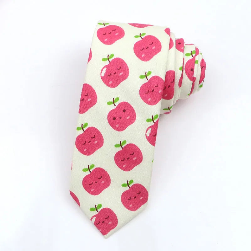 Korean style narrow cotton bow tie with cartoon print on a white background.