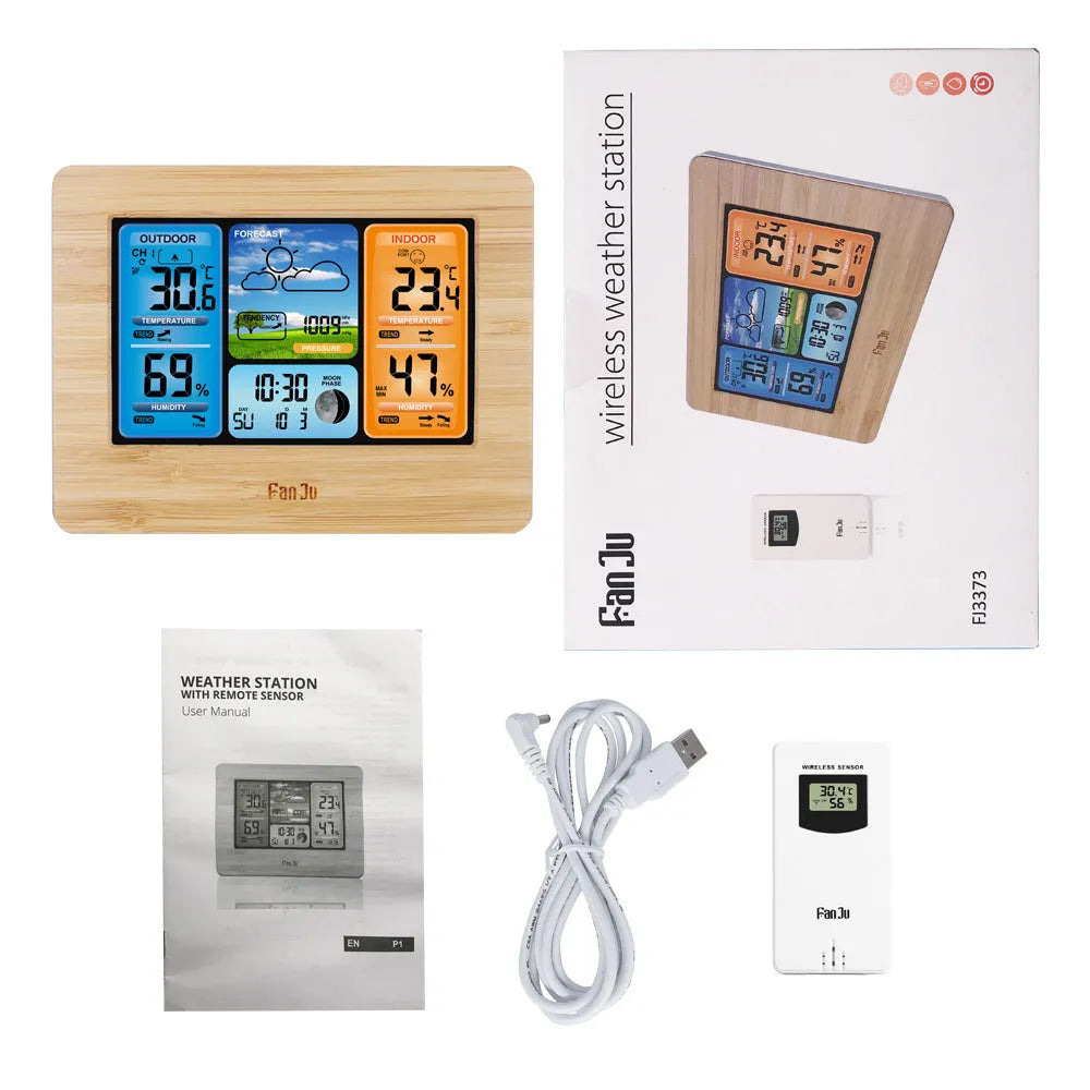 Rectangular desktop weather station clock with LCD display showing temperature humidity and forecast data