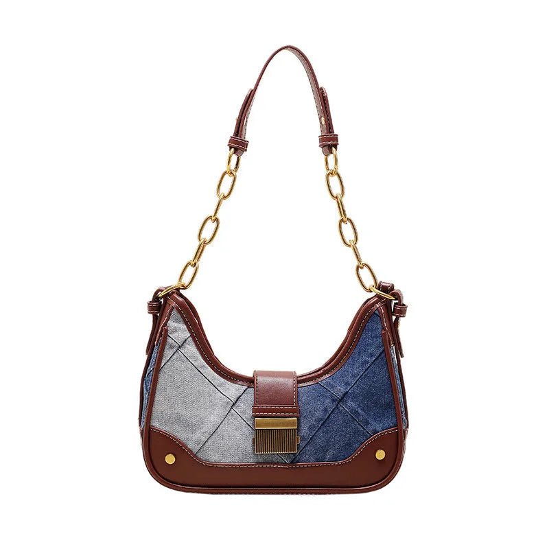 Brown denim women's shoulder bag with diamond mesh detail and chain strap