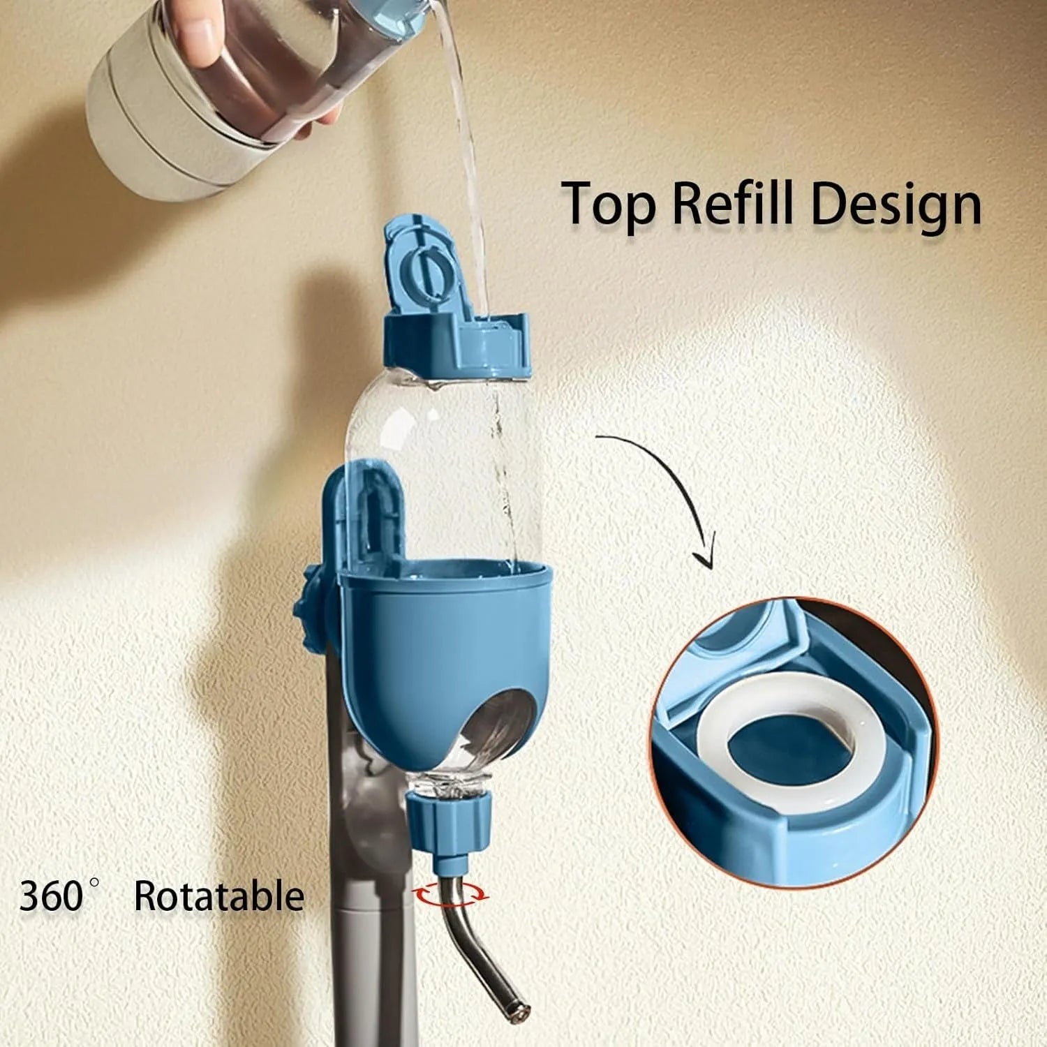 Blue small animal water bottle attached to cage bars with rotatable drinking nozzle