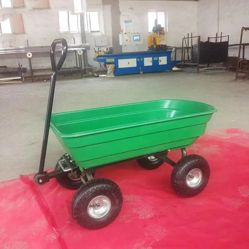 Green four-wheel plastic dump truck with steel frame and tipping bed for agricultural use.