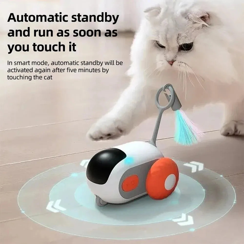 Smart cat toy car with feather teaser in blue on a white background, remote control included