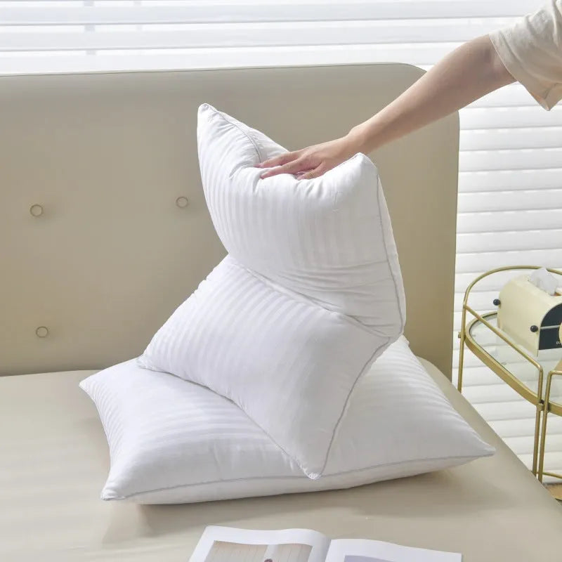 White cotton satin stripe pillow with feather and cotton fill, shown in 45cm, 48cm, and 50cm width options.