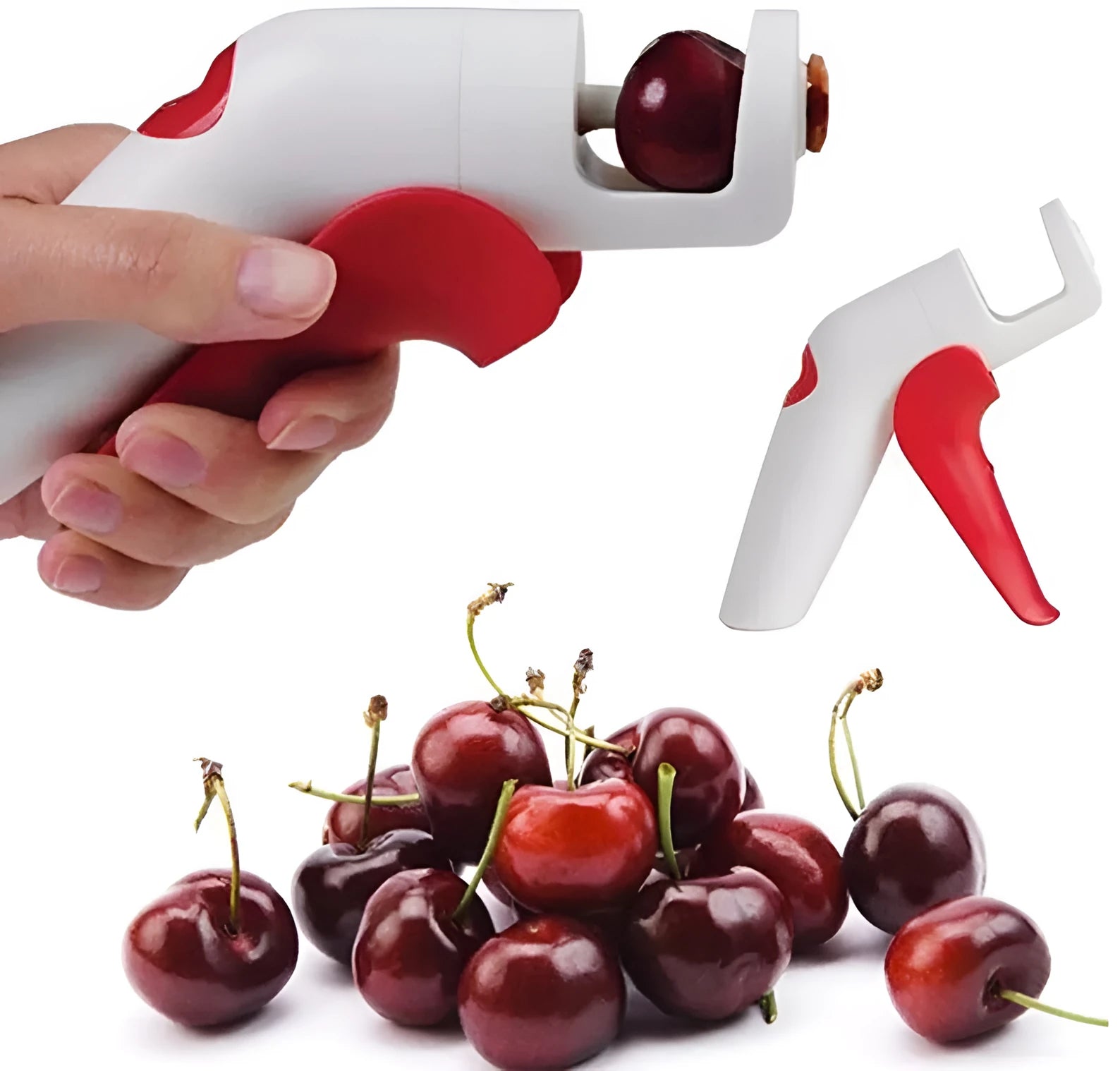 Cherry kernel remover, a handheld plastic kitchen gadget for pitting cherries, on a light background