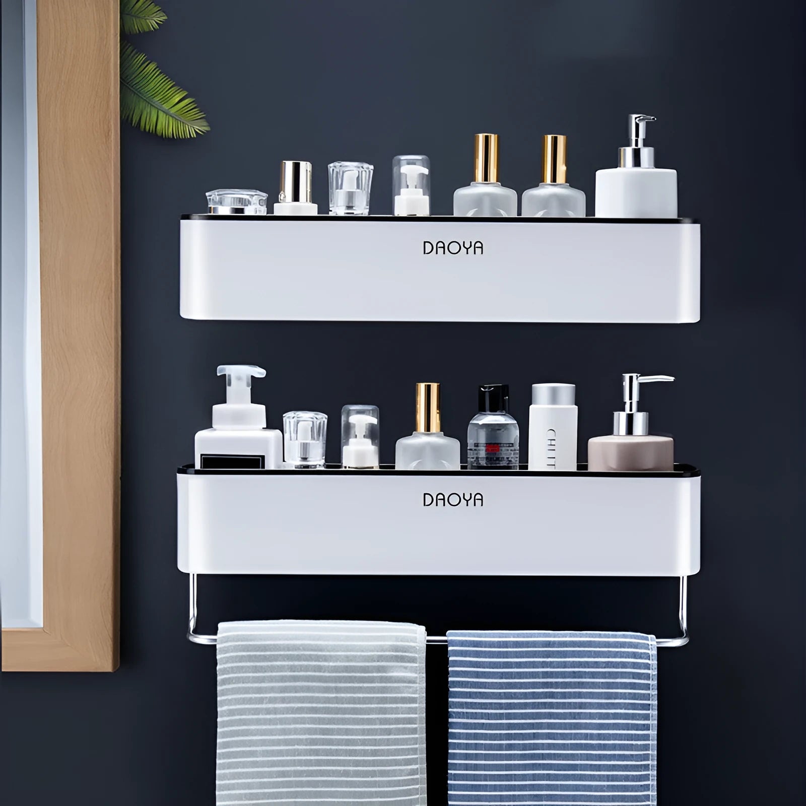 Hole-free plastic bathroom shelf wall mounted with shampoo and shower gel bottles in a tiled shower