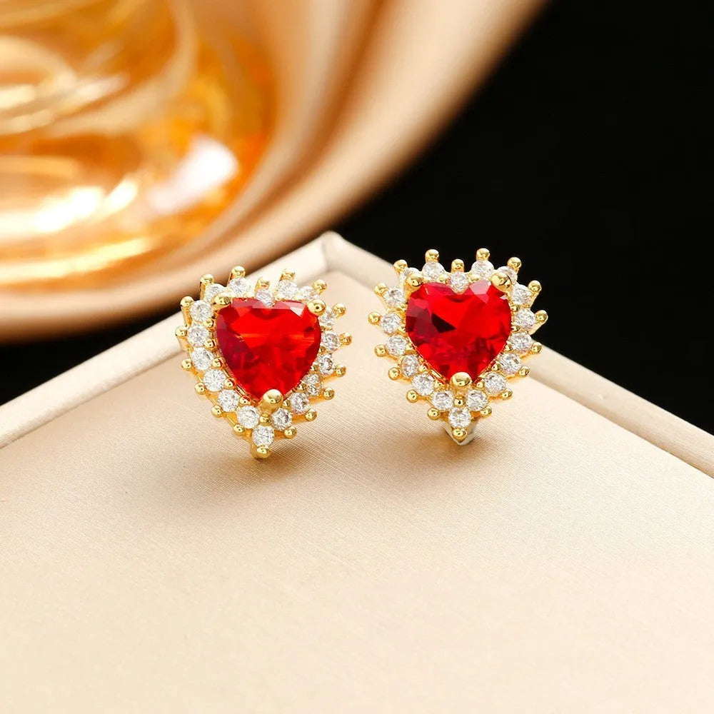 Women's heart pendant necklace set with floral gemstone inlay and matching earrings ring in gold-red titanium steel
