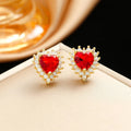 Women's heart pendant necklace set with floral gemstone inlay and matching earrings ring in gold-red titanium steel