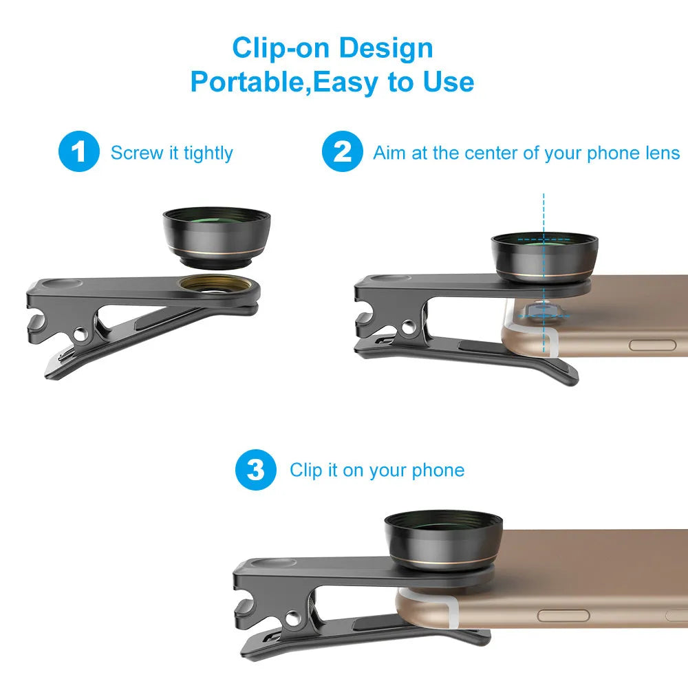 Black 6 in 1 mobile phone lens kit with fisheye, telephoto, wide-angle macro, CPL and star filters in EVA case.