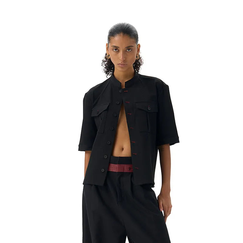 Black handmade hunting shirt with half sleeves, shirt collar, and single-breasted front