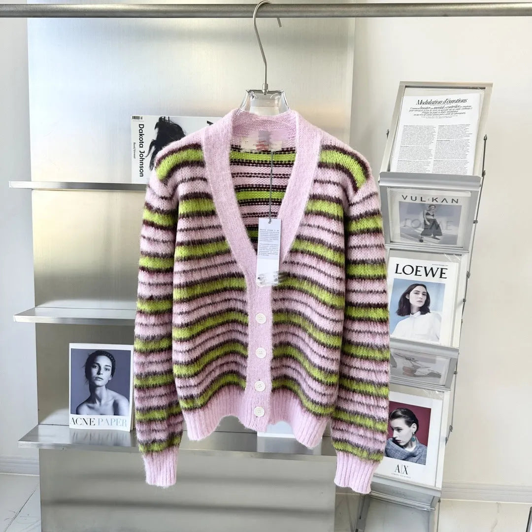 Pink wool knitted cardigan sweater with nap craft texture and regular sleeves