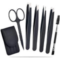 Professional six-piece eyebrow tweezer set with stainless steel tools and leather travel case