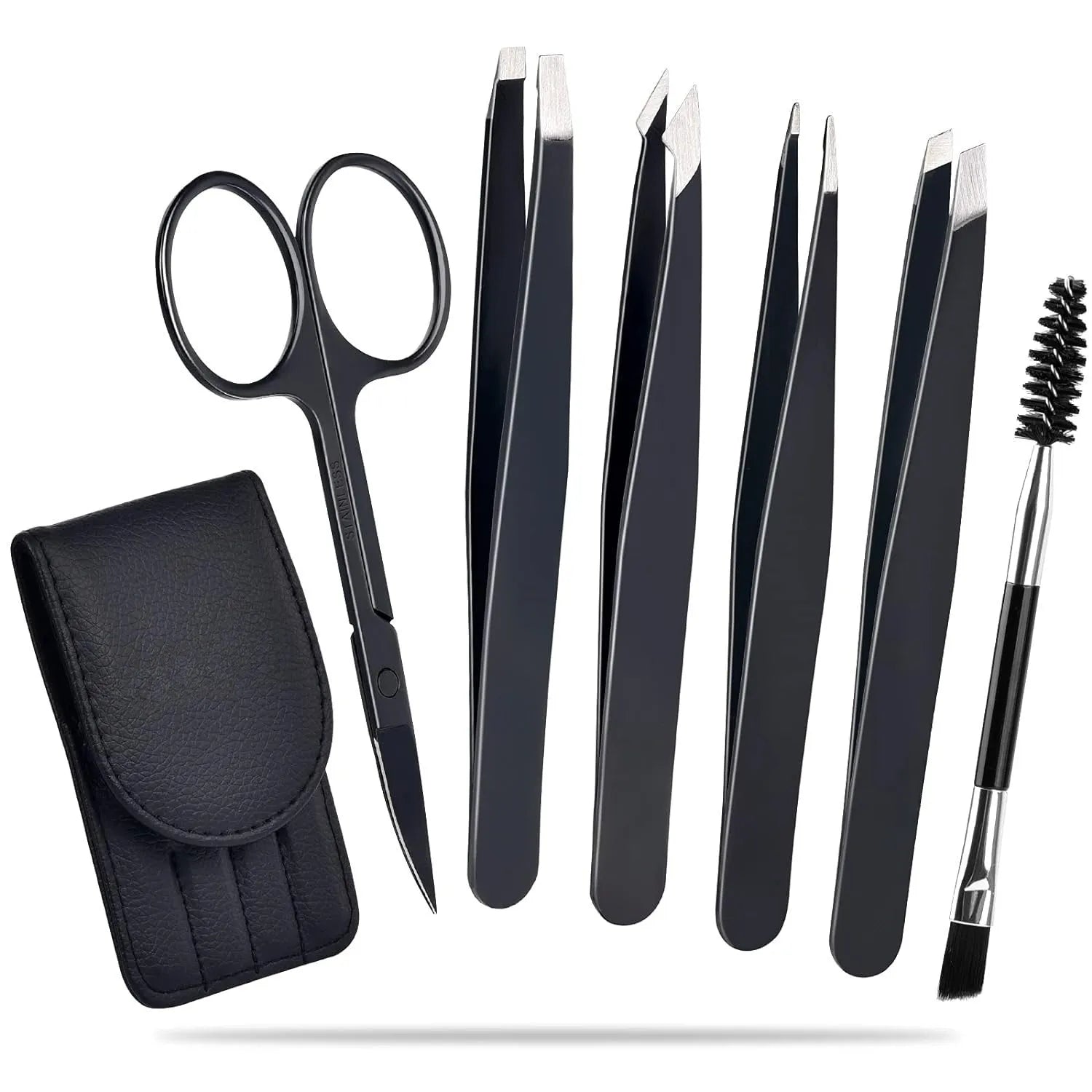 Professional six-piece eyebrow tweezer set with stainless steel tools and leather travel case