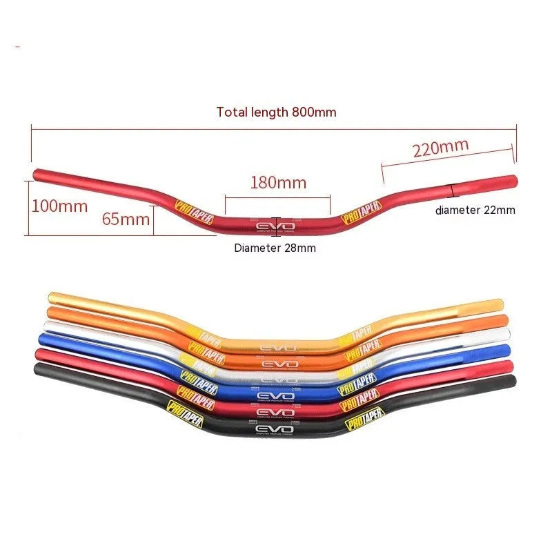 28mm orange aluminium scrambling motorcycle handlebar showing 80cm width and 10cm rise.