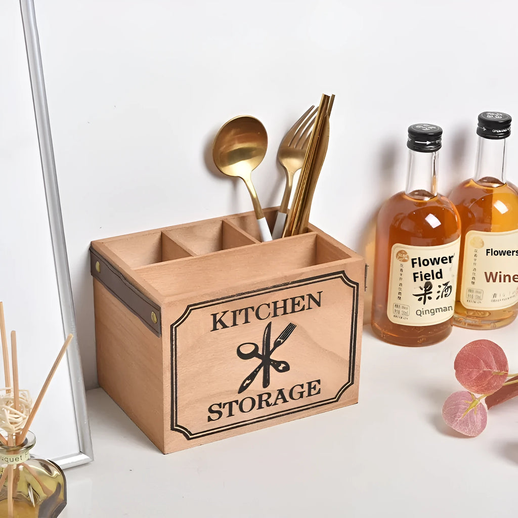 Wooden kitchen storage box with grid compartments for knives forks and chopsticks