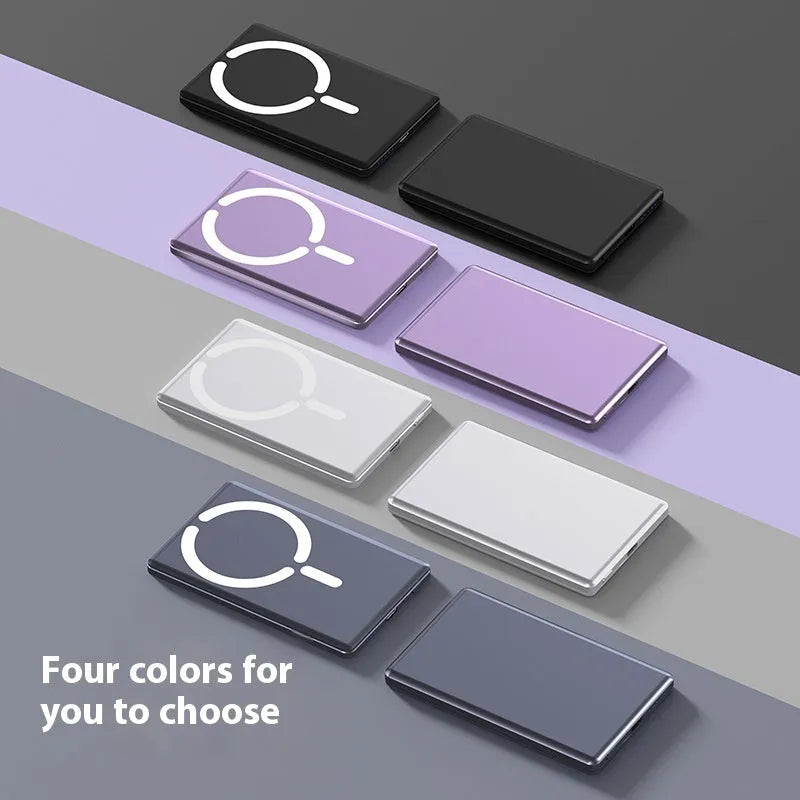 Ultra-thin magnetic power bank with alloy shell in dark grey colour showing compact dimensions