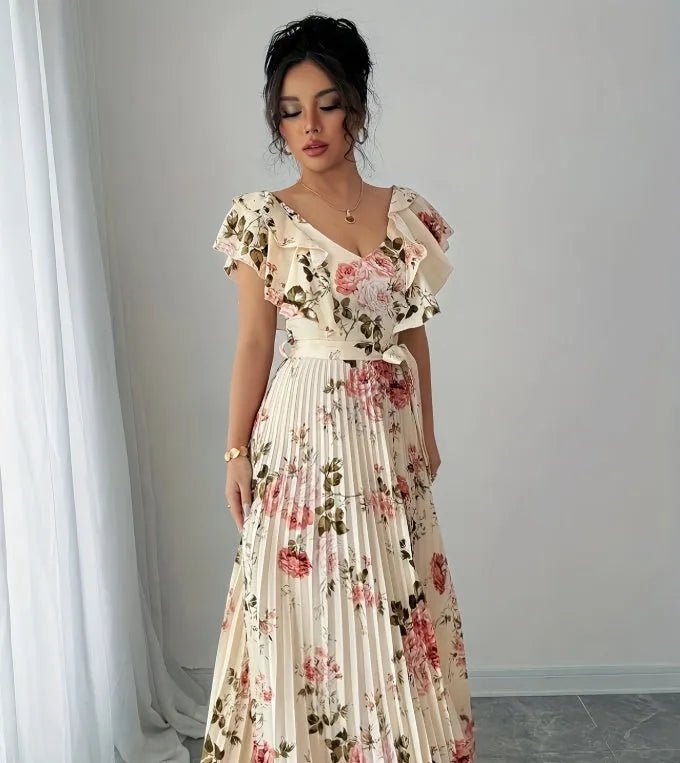 Apricot floral print v-neck dress with ruffled sleeves and swing skirt