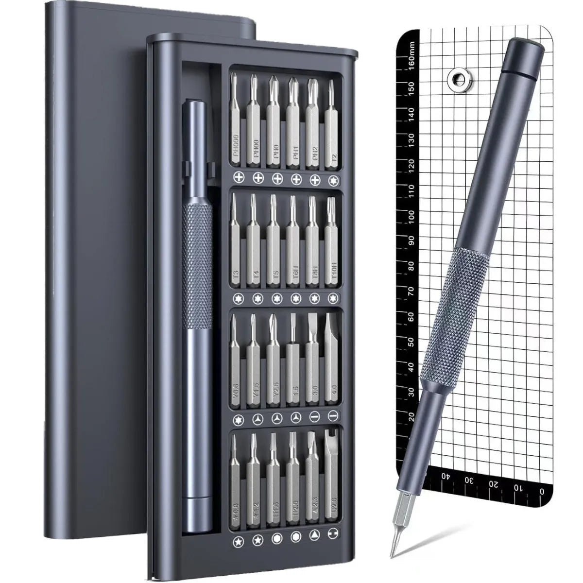 25-in-one magnetic precision screwdriver set with chrome vanadium steel bits and knurled ABS handle.