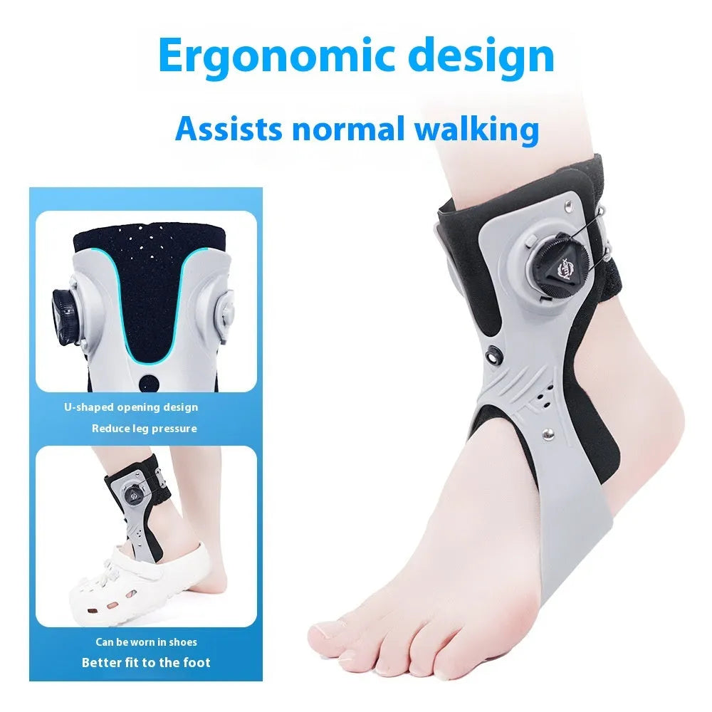 Adjustable airbag button ankle support brace shown in grey colour on left foot