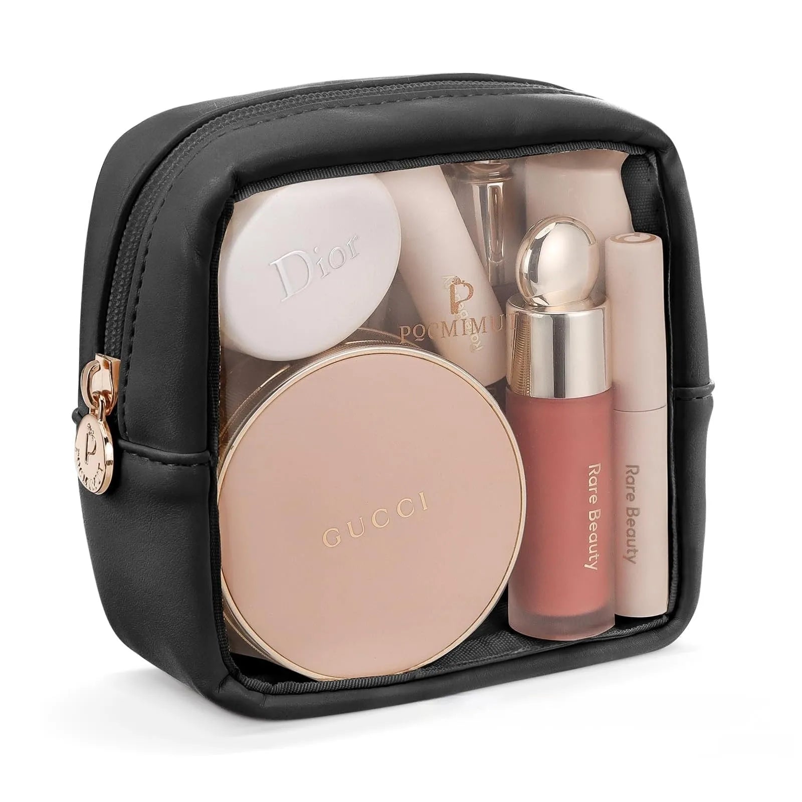 Leather trim transparent PVC cosmetic bag with waterproof construction, expansion storage, and dry wet separation, pink portable size